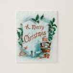 Puzzle Retro Vintage Christmas Cool Santa Greeting<br><div class="desc">A Merry Christmas antique illustration,  an interesting retro vintage santa claus.. This beautiful vintage christmas illustration has a cute little Santa Clause holding a sign that says A Merry Christmas. This is a sweet and colorful painting of the Jolly Old Elf!</div>