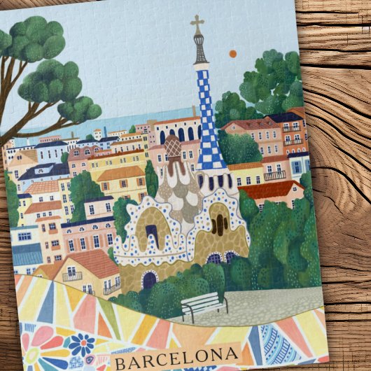 Puzzle Retro Watercolor Barcelona Spain Travel 