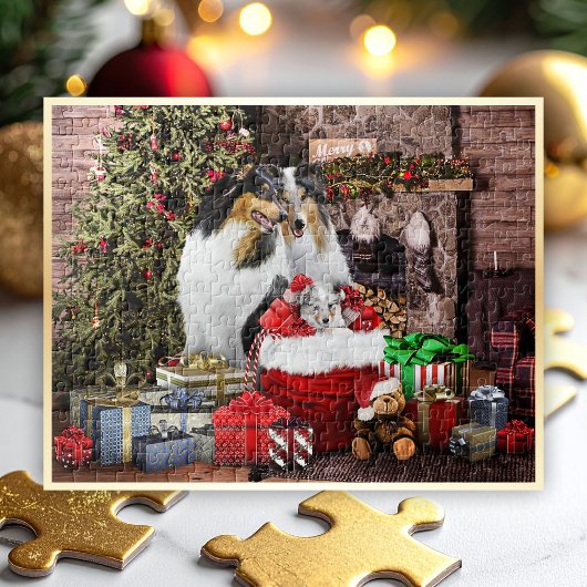 Puzzle Réveillon de Noël avec famille Collie rugueuse - H