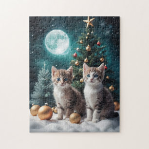 Puzzle Réveillon de Noël magique avec chatons par arbre