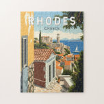 Puzzle Rhodes Grèce Vieille Ville Voyage Art Vintage<br><div class="desc">Rhodes conception de déplacement vectoriel rétro. Rhodes,  la plus grande des îles du Dodécanèse de Grèce,  est connue pour ses stations balnéaires et ses ruines antiques.</div>