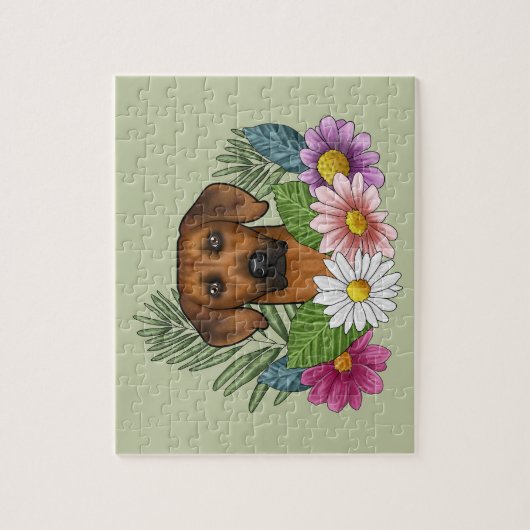 Puzzle Rhodesian Ridgeback Chien Tête Fleurs d'été Vert (Vertical)