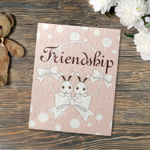 Puzzle Ribbon rose Pastel blanc cassé mignon Bunny jumeau