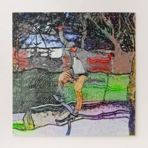 Puzzle Riding the Rails - Cartoon Skateboarder Design