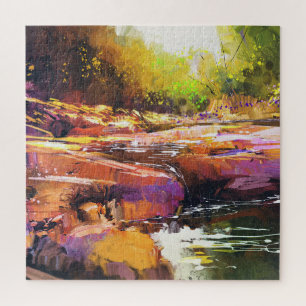 Puzzle Rivière d'automne colorée, peinture de paysage.