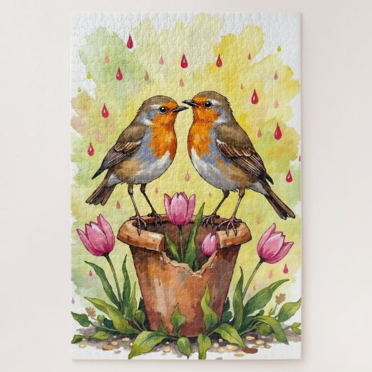 Puzzle Robin Birds Spring Love Watercolor Art (Vertical)
