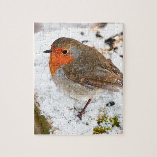 Puzzle Robin sur un rondin neigeux (Vertical)
