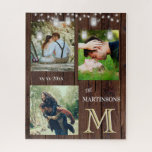 Puzzle Romance Rustique Personnalisé Monogramme Photos Lu<br><div class="desc">Ces puzzles de scie pourraient aussi facilement épeler l'AMOUR — avec un arrière - plan rustique de texture bois, des lumières scintillantes, trois de vos merveilleuses photos — une date — un nom de famille et une LAYERING UNIQUE DU MONOGRAM — regardez de près et vous verrez trois couleurs, ce...</div>