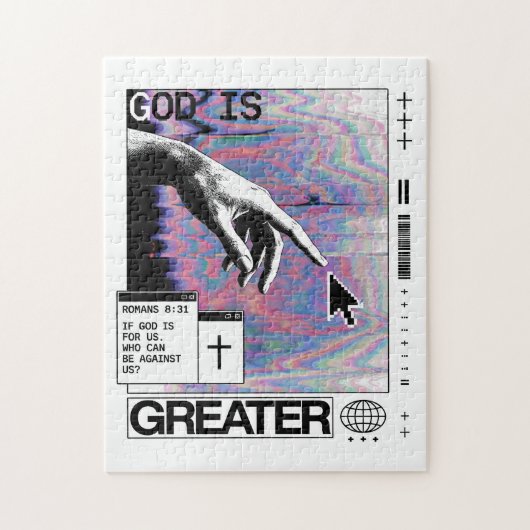Puzzle Romans 8:31 Cyberpunk Main de Dieu Glitch Art (Vertical)