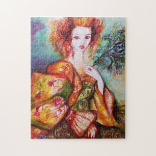 PUZZLE ROMANTIC WOMAN WITH SPARKLING PEACOCK FEATHER
