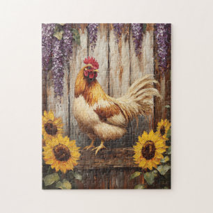 Puzzle Rooster rustique de ferme avec tournesol et Wister