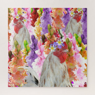 Puzzle Roosters et Hollyhock Flowers