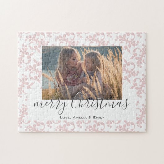 Puzzle Rose blanc Rococo Joyeux Noël Script Photo (Horizontal)