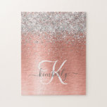 Puzzle Rose Gold brossé Parties scintillant métallique No<br><div class="desc">Personnalisez facilement ce design de puzzle chic branché avec une jolie parties scintillant brillante en argent sur un arrière - plan métallique brossé en or rose.</div>