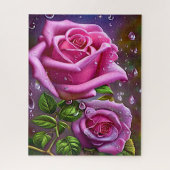 Puzzle Rose rose avec Raindrops & Feuilles verts (Vertical)