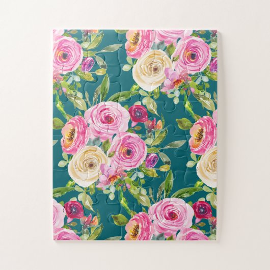 Puzzle Roses d'aquarelle en rose et crème sur Turquoise (Vertical)