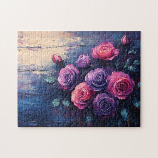 Puzzle Roses roses et violets sur bois (Horizontal)