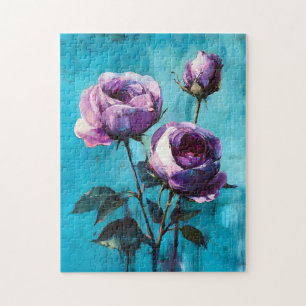Puzzle Roses violets gras sur bleu