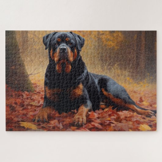 Puzzle Rottweiler dans les feuilles d'automne tombées ins (Horizontal)