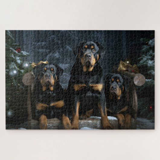 Puzzle Rottweiler enneigé traîneau décoration de Noël (Horizontal)