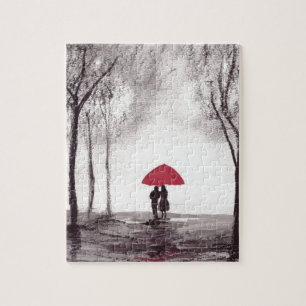 Puzzle Rouge parapluie amour couple aquarelle noir