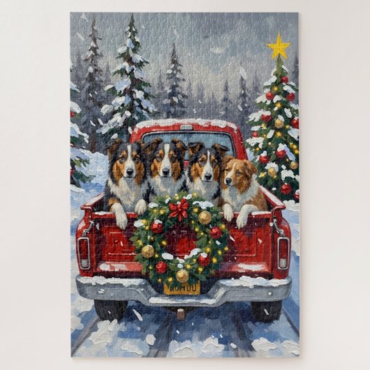 Puzzle Rough Collie Christmas Red Truck Holiday (Vertical)