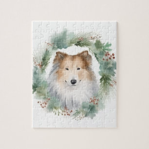 Puzzle Rough Collie Christmas Wreath Festive Pup