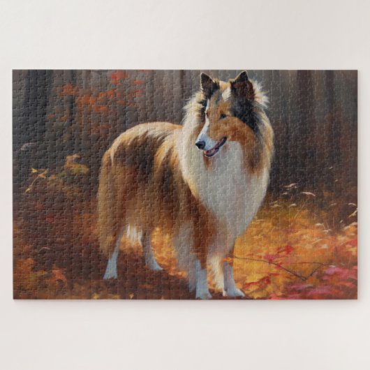 Puzzle Rough Collie dans les feuilles d'automne qui tombe (Horizontal)