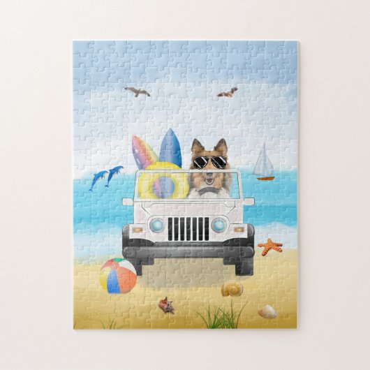 Puzzle rough collie dog driving on Beach (Vertical)