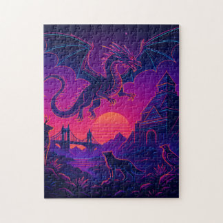 Puzzle Royaume du dragon néon – Paysage de fantasy synthw
