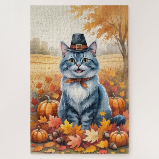 Puzzle Russe Bleu Chat Automne quitte Thanksgiving Art (Vertical)