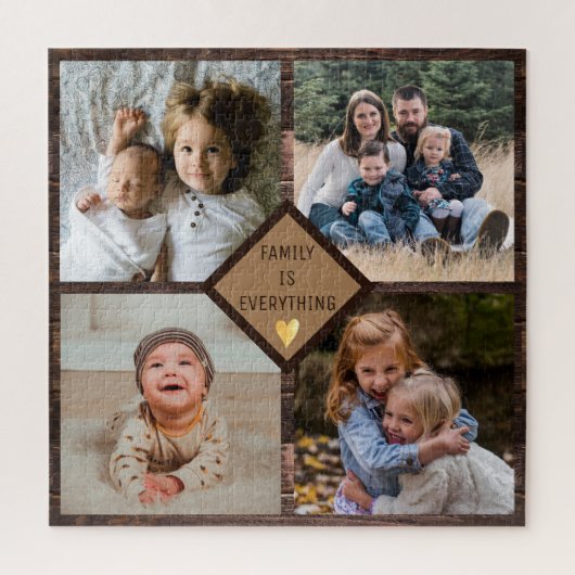 Puzzle Rustic Brown Wood 4 Family Photo Collage (Vertical)