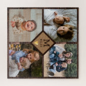 Puzzle Rustic Brown Wood 4 Family Photo Collage Monogramm (Horizontal)
