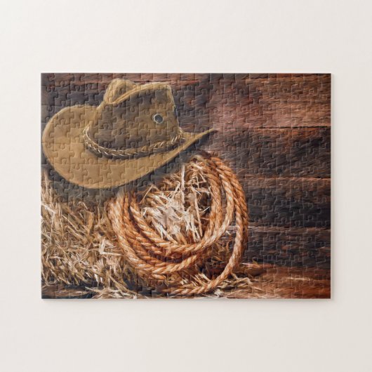 Puzzle Rustic Cowboy Hat Rope Hay Photo (Horizontal)