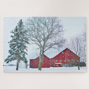 Puzzle Rustic Red Country Grange Winter Snow Farm Paysage