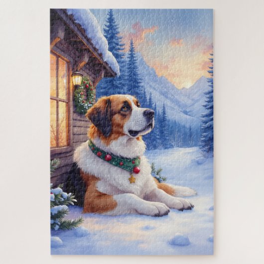 Puzzle Saint Bernard Snowy Mountain Lodge Christmas Dog (Vertical)