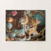 Puzzle Saison de Pâques : joli chat dormant dans un panie (Horizontal)