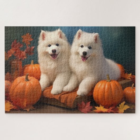 Puzzle Samoyed Chiot Automne Citrouille de plaisir (Horizontal)