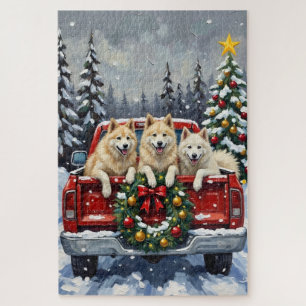Puzzle Samoyed Noël Camion Rouge Fêtes
