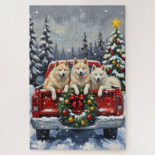 Puzzle Samoyed Noël Camion Rouge Fêtes (Vertical)