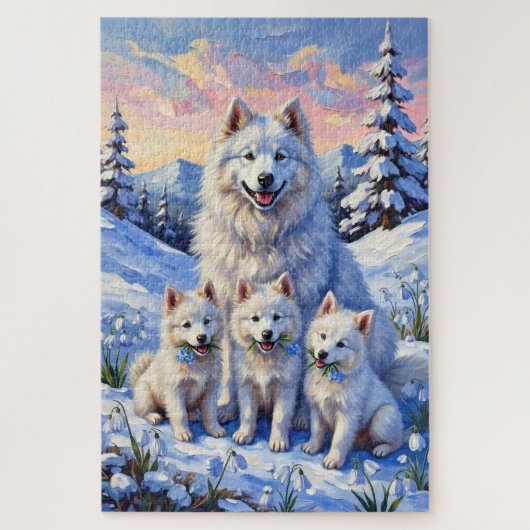 Puzzle Samoyed Snowdrop Meadow Art (Vertical)