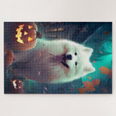Puzzle Samoyède Halloween avec citrouilles effrayant (Horizontal)