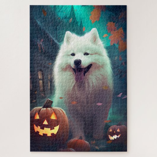 Puzzle Samoyède Halloween avec citrouilles effrayant (Vertical)