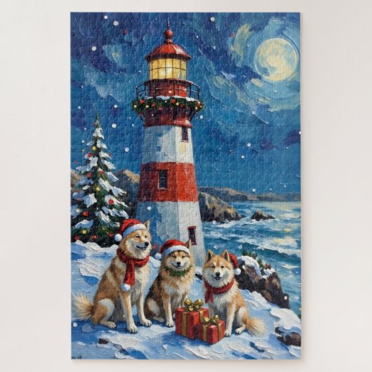 Puzzle Samoyède Phare de Noël Vacances (Vertical)