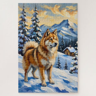 Puzzle Samoyède vintage dans un paysage de Noël alpin