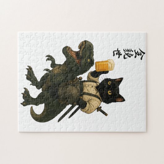 Puzzle Samurai Cat with Beer & T-Rex | Retro Japanese Art (Horizontal)