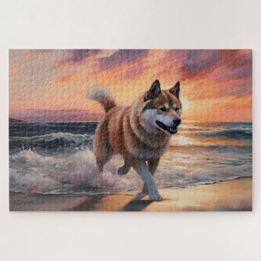 Puzzle Sandy Paws Akita Dog on Beach Sunset (Horizontal)