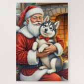 Puzzle Santa Claus Holding Alaskan Malamute Christmas Art (Vertical)
