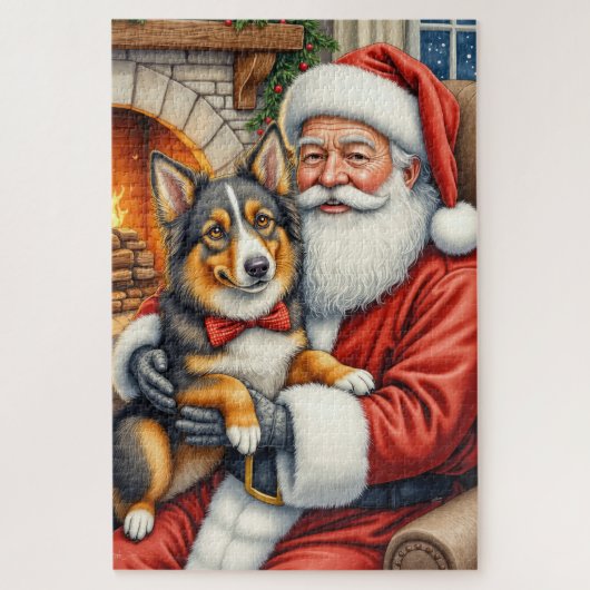 Puzzle Santa Claus Holding Australian Shepherd Christmas (Vertical)