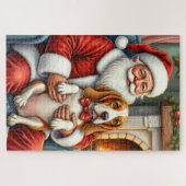Puzzle Santa Claus Holding Basset Hound Christmas Art (Horizontal)